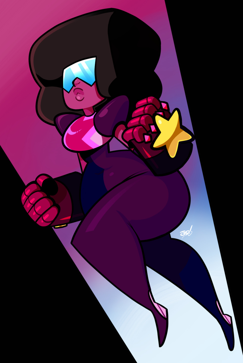 absurdres afro artist_name bare_arms bare_hips bare_legs bodysuit clenched_hands curvy female garnet_(steven_universe) highres jmdurden legs lips navel nose signature solo steven_universe thick_thighs thighs wide_hips