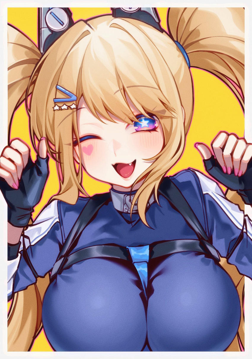 azur_lane black_gloves blonde_hair blush border breasts commission facial_mark female fingerless_gloves gloves guam_(azur_lane) hair_ornament hairclip hands_up heart heart_facial_mark highres large_breasts long_hair looking_at_viewer murmoruno oerba_yun_fang one_eye_closed open_mouth outside_border pointing pointing_at_self second-party_source solo star-shaped_pupils star_(symbol) star_hair_ornament symbol-shaped_pupils upper_body very_long_hair white_border