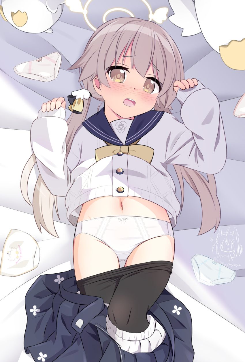 ass_visible_through_thighs bed_sheet black_pantyhose blonde_dog_girl_(ri-net) blue_archive blue_sailor_collar blue_skirt blush bow bow_panties brown_bow brown_eyes brown_hair cardigan character_watermark clothes_pull commentary_request feet_out_of_frame female halo hands_up heart hifumi_(blue_archive) highres long_hair long_sleeves looking_at_viewer low_twintails lying navel nose_blush on_back open_mouth panties pantyhose pantyhose_pull peroro_(blue_archive) pinching_sleeves pleated_skirt puffy_long_sleeves puffy_sleeves ri-net sailor_collar skirt skirt_pull sleeves_past_wrists solo twintails twitter_username underwear unworn_panties very_long_hair white_cardigan white_panties