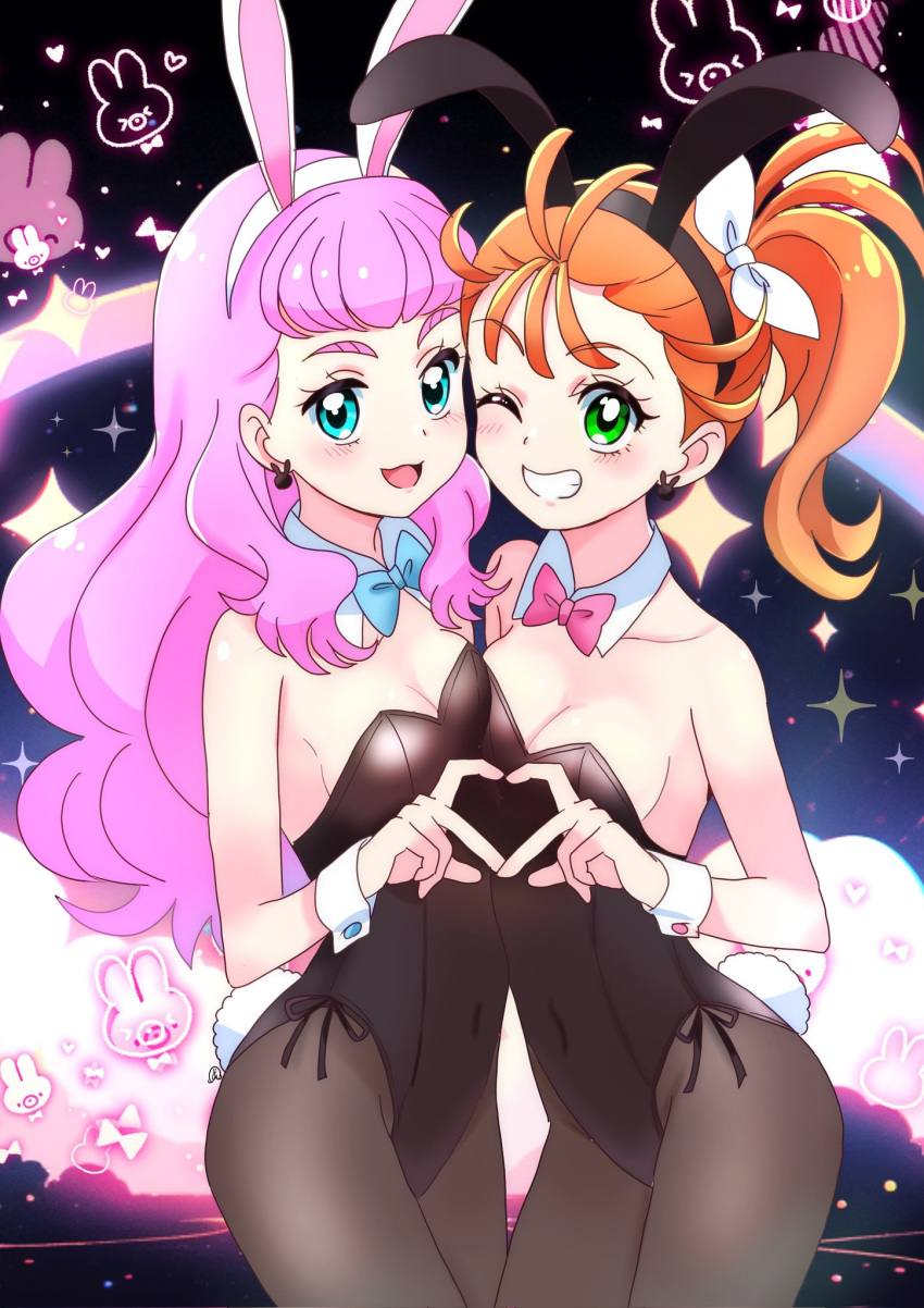 2girls :d animal_ears aqua_eyes black_hairband black_leotard black_pantyhose blue_bow blue_bowtie bow bowtie breast_press breasts brown_hair cleavage covered_navel cowboy_shot detached_collar earrings fake_animal_ears fake_tail green_eyes grin hairband heart heart_hands heart_hands_duo highres jewelry laura_la_mer leotard long_hair looking_at_viewer momotarouooi multiple_girls natsuumi_manatsu one_eye_closed pantyhose pink_hair playboy_bunny precure rabbit_earrings rabbit_ears red_bow red_bowtie side_ponytail small_breasts smile standing strapless strapless_leotard symmetrical_docking tail tropical-rouge!_precure very_long_hair white_bow white_hairband wrist_cuffs