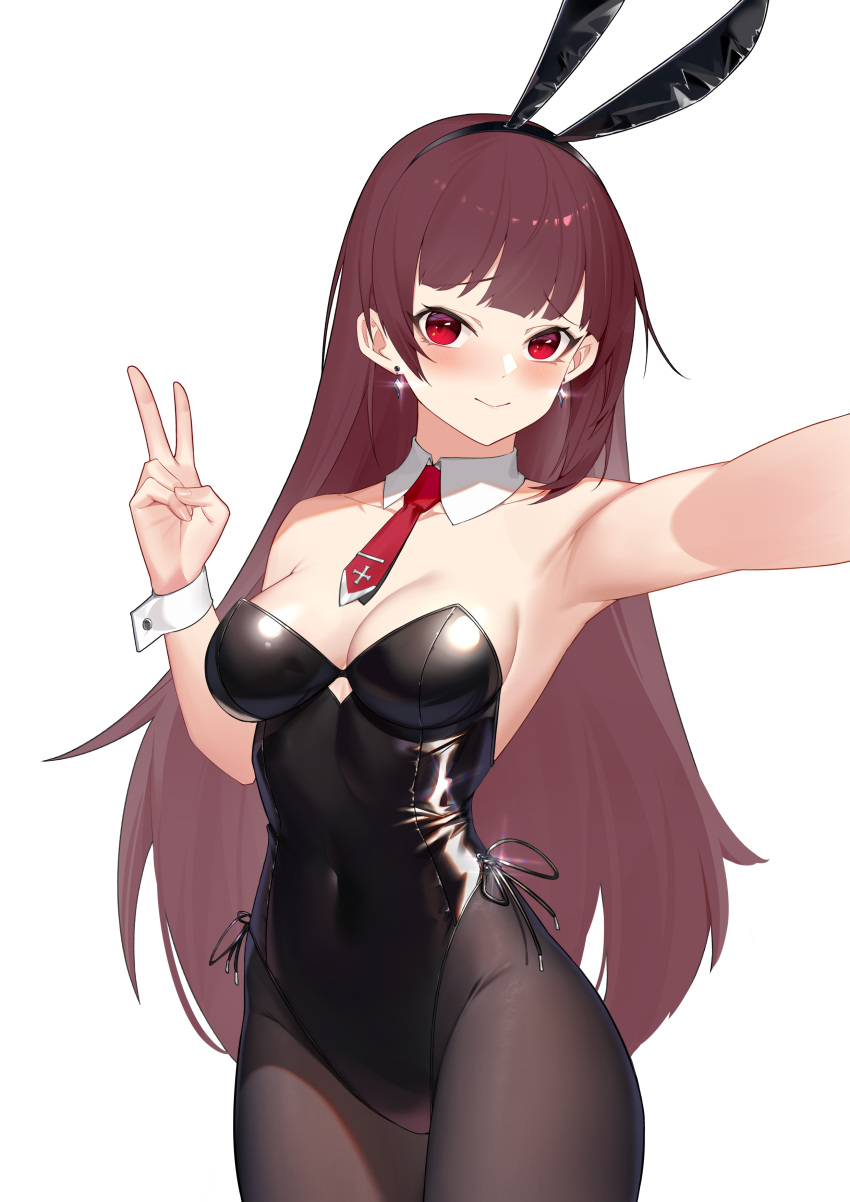 1437823832 :> absurdres alternate_costume animal_ears backless_leotard black_leotard black_pantyhose blush breasts chinese_commentary closed_mouth commentary_request cowboy_shot detached_collar earrings fake_animal_ears female foreshortening girls'_frontline highres jewelry leotard long_hair necktie pantyhose playboy_bunny red_eyes red_hair red_necktie selfie short_necktie simple_background smile solo v wa2000_(girls'_frontline) white_background wrist_cuffs