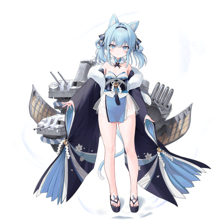 animal_ears azur_lane bare_shoulders black_footwear black_hairband black_sleeves blue_dress blue_eyes blue_hair cat_ears cat_girl cat_tail detached_collar detached_sleeves dress feather_boa female full_body fur-trimmed_collar fur_trim hair_ribbon hairband highres long_sleeves looking_at_viewer medium_hair non-web_source official_art okobo parted_lips pelvic_curtain platform_footwear ribbon rigging rope sandals shide shimenawa simple_background snow snowing solo strapless strapless_dress suzunami_(azur_lane) tail toes torpedo_tubes transparent_background wide_sleeves