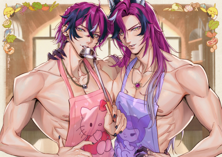 2boys ahoge apron artist_name asparagus bird black_hair black_nails border broccoli carrot cauliflower chain_necklace chains character_print chick collarbone commentary crossed_bangs doppio_dropscythe doppio_dropscythe_(2nd_costume) dual_persona earclip earrings english_commentary eyebrow_piercing eyeshadow fingernails fish food fruit garlic gem gold_necklace grapes green_eyes hair_between_eyes hair_over_shoulder hand_on_own_hip hand_up heart hello_kitty hello_kitty_(character) highres holding holding_ladle holding_tray jewelry kuromi ladle leaf long_fingernails long_hair looking_at_viewer makeup male_focus meat medium_hair multicolored_eyes multicolored_hair multiple_boys mushroom nail_polish necklace nijisanji nijisanji_en nipples onegai_my_melody outside_border parted_bangs parted_lips pectorals piercing pink_apron potato print_apron purple_apron purple_eyeshadow purple_gemstone purple_hair ring ring_necklace sanrio scythekick_(doppio_dropscythe) serving_dome seulin sharp_fingernails shelf shrimp sidelocks signature spring_onion strawberry streaked_hair tomato topless_male tray virtual_youtuber white_border white_hair window yellow_eyes