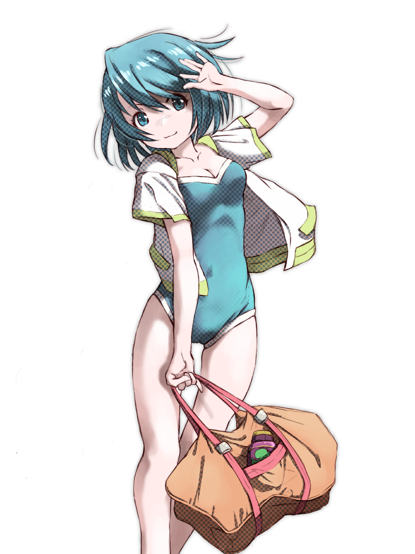 arm_up bag blue_eyes blue_hair blue_one-piece_swimsuit breasts collarbone commentary covered_navel female highres holding holding_bag looking_at_viewer mahou_shoujo_madoka_magica mahou_shoujo_madoka_magica_(anime) marutaya miki_sayaka one-piece_swimsuit open_clothes open_shirt orange_bag shirt short_hair simple_background solo standing swimsuit white_background white_shirt