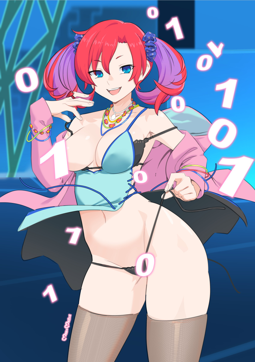 absurdres bare_shoulders black_bra black_panties black_thighhighs blue_camisole blue_eyes bra breasts camisole covered_nipples cowboy_shot cross-laced_clothes digimon digimon_story:_cyber_sleuth female highres hood hooded_jacket jacket large_breasts long_hair maho_malice navel panties pink_jacket red_hair shiramine_nokia side-tie_panties sideless_outfit solo thighhighs twintails underwear