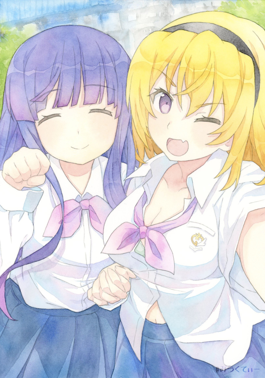 2girls ;d blonde_hair blue_skirt bow bowtie breasts cleavage closed_eyes collarbone day dress_shirt facing_viewer furude_rika highres higurashi_no_naku_koro_ni holding_hands houjou_satoko interlocked_fingers long_hair long_sleeves medium_breasts multiple_girls oerba_yun_fang one_eye_closed outdoors painting_(medium) pleated_skirt purple_eyes purple_hair red_bow red_bowtie school_uniform shirt short_sleeves skin_fang skirt smile sweet_miuk_tea traditional_media watercolor_(medium) white_shirt