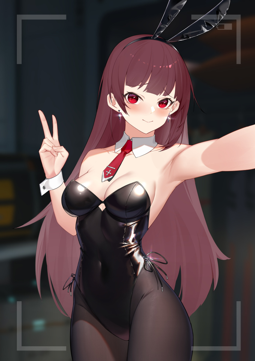 1437823832 :> absurdres alternate_costume animal_ears backless_leotard black_leotard black_pantyhose blurry blurry_background blush breasts chinese_commentary closed_mouth commentary_request cowboy_shot detached_collar earrings fake_animal_ears female foreshortening girls'_frontline highres jewelry leotard long_hair necktie pantyhose playboy_bunny red_eyes red_hair red_necktie selfie short_necktie smile solo v viewfinder wa2000_(girls'_frontline) wrist_cuffs