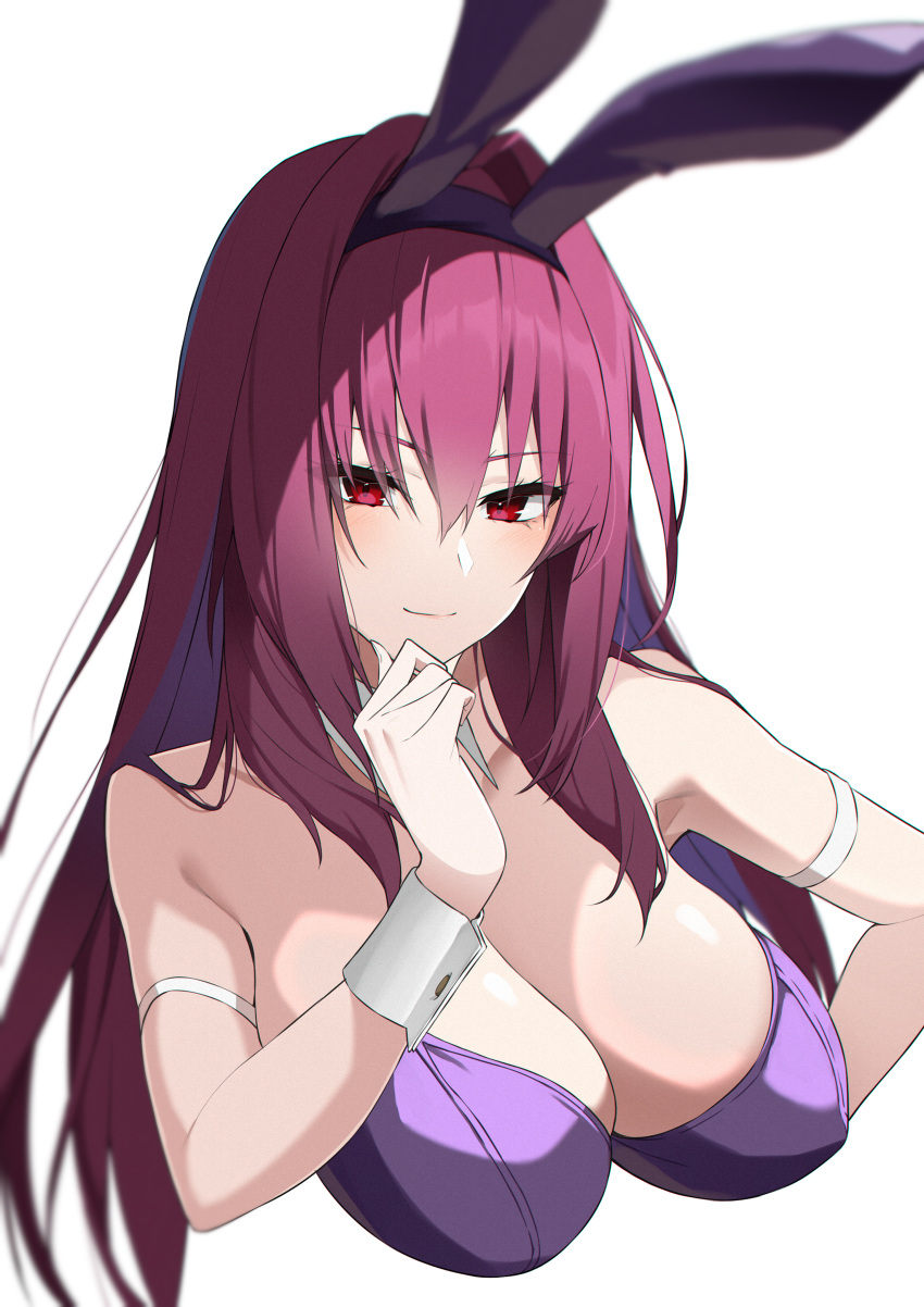 absurdres animal_ears breasts cleavage detached_collar fake_animal_ears fate/grand_order fate_(series) female hair_intakes hairband hand_on_own_chin highres large_breasts leotard long_hair official_alternate_costume playboy_bunny purple_hair purple_hairband purple_leotard rabbit_ears red_eyes scathach_(fate) scathach_(piercing_bunny)_(fate) simple_background slope_(check238) smile solo strapless strapless_leotard upper_body wrist_cuffs