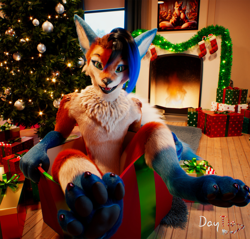 2024 3d_(artwork) anthro c4d carpet christmas christmas_tree cinema_4d_(artwork) daytia digital_media_(artwork) feet fireplace fur garland gift hi_res holidays lamp loft male pawpads paws plant pose posed rexouium toes tree vrchat warm_light warm_lighting