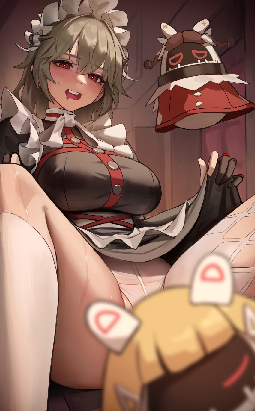 absurdres alexandrina_sebastiane anastella_(zenless_zone_zero) bangboo_(zenless_zone_zero) black_gloves blush breasts cleavage cowboy_shot drusilla_(zenless_zone_zero) female gloves hair_between_eyes highres indoors large_breasts light_brown_hair long_hair looking_at_viewer maid maid_headdress open_mouth pantyhose partially_fingerless_gloves red_eyes sidelocks single_leg_pantyhose single_thighhigh sitting smile solo spread_legs teeth thighhighs thighs upper_teeth_only variant_set white_pantyhose white_thighhighs yeayeo_jzat zenless_zone_zero