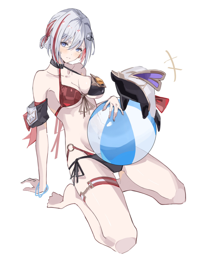 absurdres ball bare_legs bare_shoulders barefoot beachball bikini black_bikini blue_eyes bracelet breasts collarbone double_bikini female hair_ornament highres honkai:_star_rail honkai_(series) jewelry medium_breasts multicolored_hair numby_(honkai:_star_rail) red_bikini red_eyes ren_(renjiyu) seiza short_hair simple_background sitting stomach streaked_hair swimsuit thigh_strap topaz_(honkai:_star_rail) trotter_(honkai:_star_rail) two-tone_bikini two-tone_hair white_background white_hair