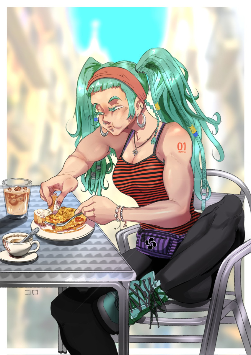 aqua_eyes aqua_footwear aqua_hair armpit_hair biceps black_pants blue_sky blurry blurry_background bread breasts building camisole chair cleavage cup earrings eating female food foot_out_of_frame fork hatsune_miku highres holding holding_food holding_fork hoop_earrings jewelry korochan_x3 long_hair necklace nose_piercing pants piercing plate shoes sitting sky solo spain striped_camisole twintails vocaloid