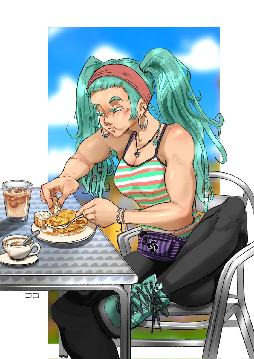 aqua_eyes aqua_footwear aqua_hair armpit_hair biceps black_pants blue_sky blurry blurry_background bread breasts camisole chair cleavage cloud cloudy_sky cup earrings eating female food foot_out_of_frame fork hatsune_miku highres holding holding_food holding_fork hoop_earrings jewelry korochan_x3 long_hair necklace nose_piercing pants piercing plate shoes sitting sky solo spain striped_camisole twintails vocaloid