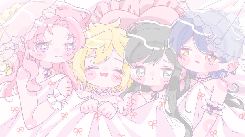 4girls :o :t =_= aoyagi_tsubaki blanche_oo blonde_hair blue_hair choker closed_eyes d4dj frilled_choker frills green_eyes green_hair miyake_aoi multiple_girls pastel_colors pink_hair purple_eyes ribbon_choker rondo_(d4dj) smile tsukimiyama_nagisa under_covers yano_hiiro yellow_eyes