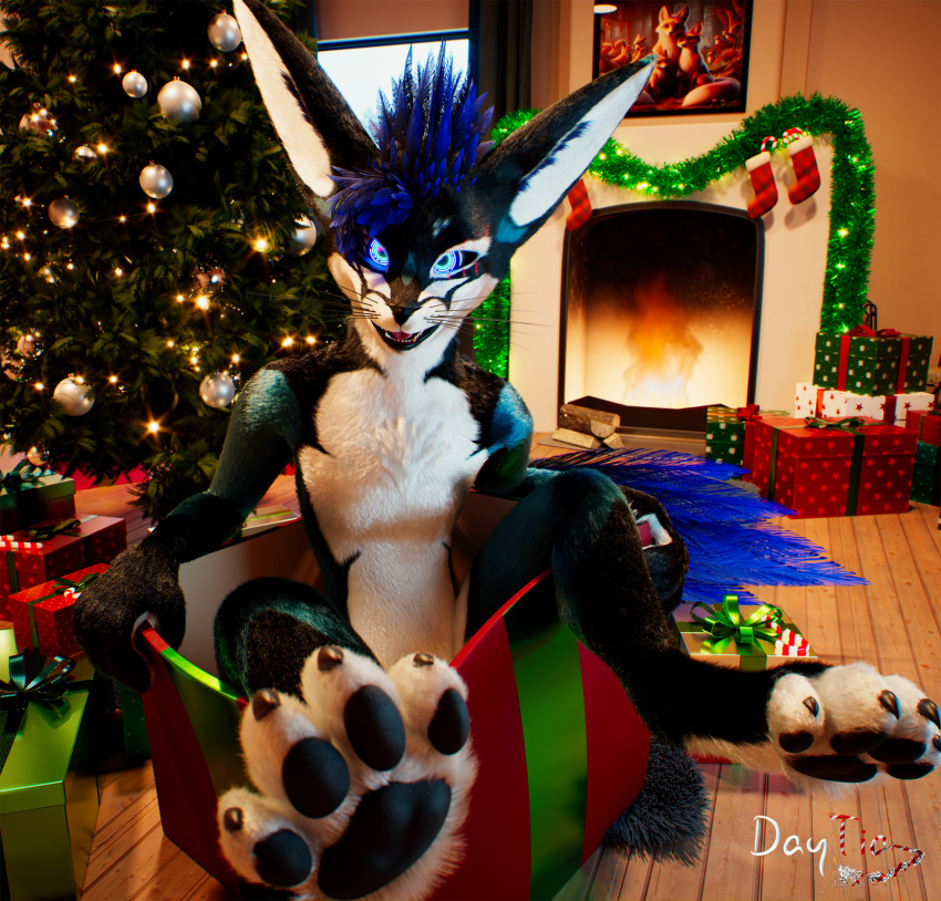 2024 3d_(artwork) anthro c4d carpet christmas christmas_tree cinema_4d_(artwork) daytia digital_media_(artwork) draghuvicfire feet fireplace fur garland gift hi_res holidays lamp loft male pawpads paws plant pose posed rexouium toes tree vrchat warm_light warm_lighting