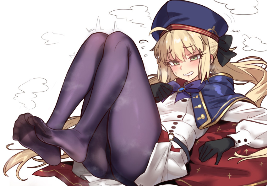 ahoge artoria_caster_(fate) artoria_caster_(second_ascension)_(fate) artoria_pendragon_(fate) beret blonde_hair blue_cape blue_hat blush breasts cape dress ebora fate/grand_order fate_(series) feet female gloves green_eyes hat highres long_hair long_sleeves multicolored_cape multicolored_clothes open_mouth pantyhose purple_pantyhose small_breasts solo twintails white_dress