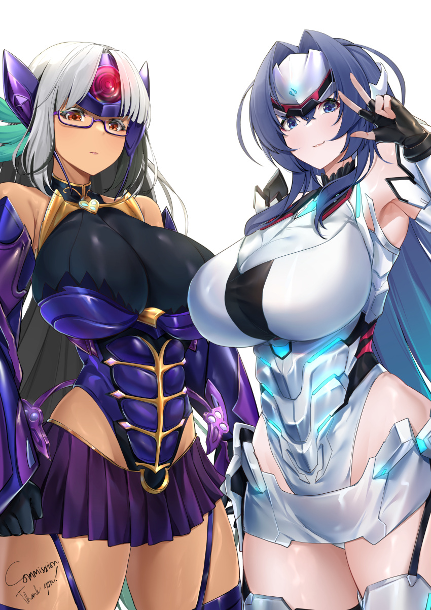 2girls absurdres azur_lane bespectacled black_garter_straps black_gloves blue_eyes blue_garter_straps blue_hair breasts commission cosplay cowboy_shot dark-skinned_female dark_skin fingerless_gloves garter_straps glasses gloves headgear highres huge_breasts irkawaza kos-mos kos-mos_(cosplay) looking_at_viewer massachusetts_(azur_lane) miniskirt multiple_girls new_jersey_(azur_lane) pleated_skirt purple_skirt red_eyes semi-rimless_eyewear simple_background skirt t-elos t-elos_(cosplay) under-rim_eyewear v white_background white_hair xenosaga