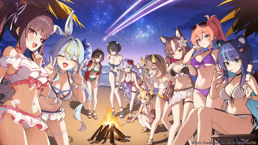 6+girls absurdres animal_ear_request animal_ears bare_shoulders beach bikini bikini_ribbon bikini_under_clothes black_hair black_ribbon blonde_hair blue_bikini blue_bow blue_eyes blue_hair blue_ribbon bow bow_bikini breasts brown_bikini brown_hair campfire character_request check_flower cleavage closed_eyes closed_mouth cowboy_shot double_bun double_v english_commentary eyewear_on_head feet_out_of_frame flower food frilled_bikini frills full_body goeleu green_bikini grey_halo hair_between_eyes hair_bun hair_flower hair_ornament hair_over_one_eye hair_ribbon hairbow halo hand_up heterochromia highres jacket jewelry large_breasts light_blush long_bangs long_hair looking_at_viewer marshmallow medium_bangs medium_breasts midriff multicolored_hair multiple_girls navel necklace night night_sky open_clothes open_jacket open_mouth orange_hair outdoors phase_connect pink_eyes plumeria ponytail purple_hair red_bikini red_jacket ribbon roasted_marshmallow shirt shooting_star short_hair side_ponytail single_off_shoulder sitting sky squatting standing star-shaped_pupils star_(sky) star_(symbol) starry_sky streaked_hair swimsuit symbol-shaped_pupils v very_long_hair wavy_hair white_bikini white_bow white_ribbon white_shirt yellow_bikini yellow_eyes