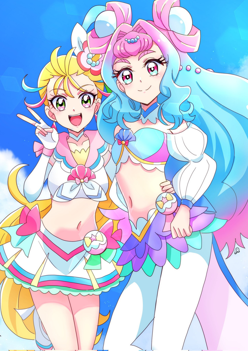 2girls :d blonde_hair blue_hair blue_sky closed_mouth collarbone crop_top cure_la_mer cure_summer day detached_collar elbow_gloves fingerless_gloves gloves gradient_hair green_eyes hand_on_another's_hip highres laura_la_mer leg_up long_sleeves looking_at_viewer midriff miniskirt momotarouooi multicolored_hair multiple_girls natsuumi_manatsu navel open_mouth outdoors pantyhose pink_hair pink_sailor_collar precure red_eyes sailor_collar skirt sky smile standing stomach tropical-rouge!_precure v white_gloves white_pantyhose white_skirt