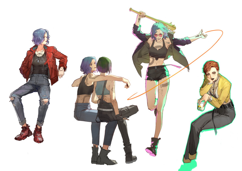 3girls aurora_cassel barcode barcode_tattoo baseball_bat black_footwear black_jacket black_pants black_shorts black_tank_top blue_hair breasts choker crop_top cup cyberpunk_(series) cyberpunk_2077 green_hair green_outline grey_tank_top hand_in_pocket head_rest highres holding holding_baseball_bat holding_cup invisible_chair jacket jewelry judy_alvarez leg_tattoo long_sleeves looking_at_viewer medium_breasts mole mole_above_mouth multiple_girls necklace open_clothes open_jacket orange_hair outline pants purple_eyes red_footwear red_jacket ring short_hair shorts simple_background sitting tank_top tattoo tied_tank_top torn_clothes torn_pants v_(cyberpunk) white_background yannn yellow_jacket yuri