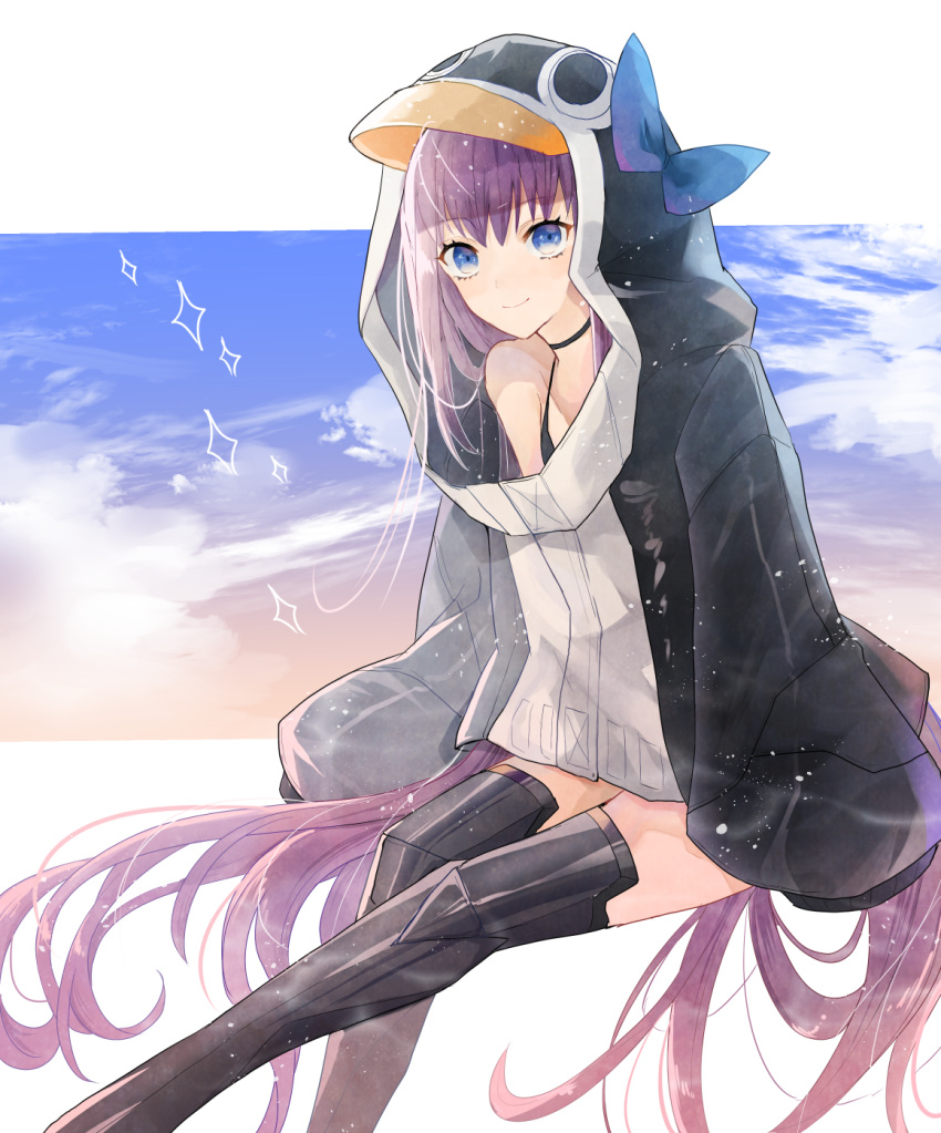 animal_costume animal_hood bikini black_bikini black_choker black_jacket blue_bow blue_eyes blue_sky bow choker closed_mouth commentary_request fate/grand_order fate_(series) feet_out_of_frame female highres hood hood_up hooded_jacket jacket letterboxed long_hair long_sleeves looking_at_viewer meltryllis_(fate) meltryllis_(swimsuit_lancer)_(fate) meltryllis_(swimsuit_lancer)_(first_ascension)_(fate) outside_border penguin_hood prosthesis prosthetic_leg purple_hair sky sleeves_past_fingers sleeves_past_wrists smile swimsuit very_long_hair yae_(yae_ringo)