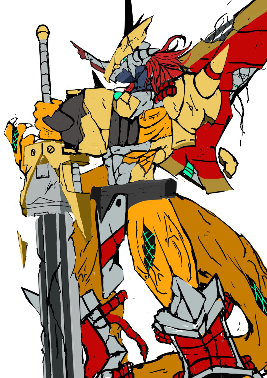 anthro armor bandai_namco digimon digimon_(species) green_eyes hair headgear helmet hi_res horn long_hair male melee_weapon muscular muscular_anthro muscular_male red_hair scalie solo sutunununu sword victorygreymon weapon wounded