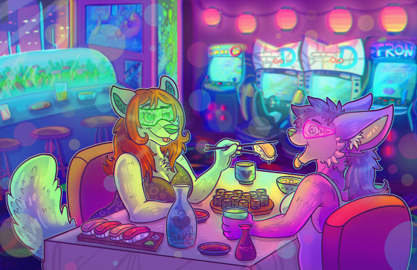 1990s anthro arcade ayrenthewolf canid canine canis cyberpunk date_night duo emberfox female female/female fennec_fox food fox future futuristic game_(disambiguation) green_body hair holographic japanese laserpunk long_hair mammal nightlinez pink_body purple_body restaurant sushi trans_(lore) true_fox visors wolf