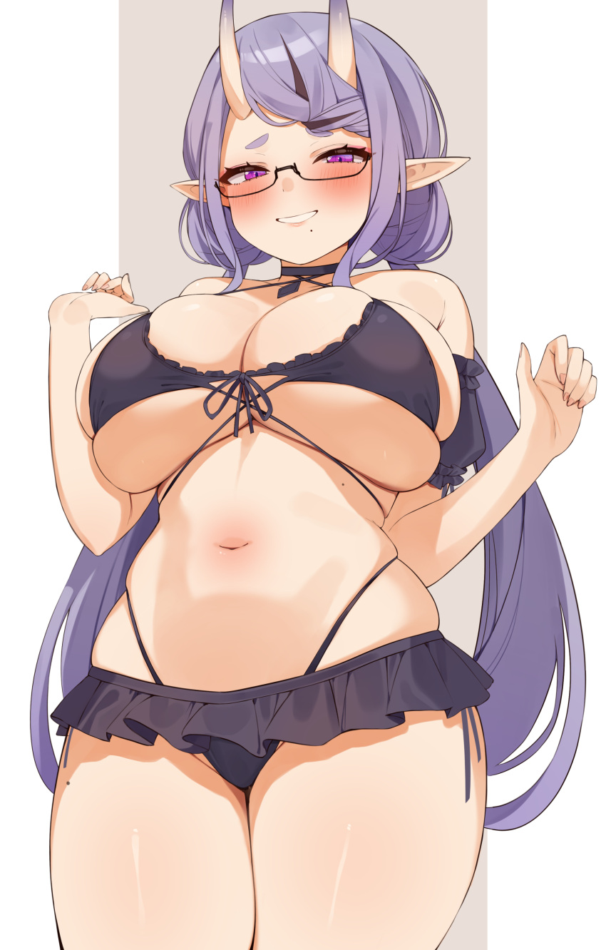 absurdres bikini blush breasts choco_tanuki curvy demon_girl demon_horns female glasses grin highleg highleg_bikini highres horns huge_breasts long_hair looking_at_viewer mole mole_on_thigh mole_under_mouth navel nijisanji pointy_ears purple_eyes purple_hair rindou_mikoto rindou_mikoto_(7th_costume) simple_background smile solo swimsuit underboob