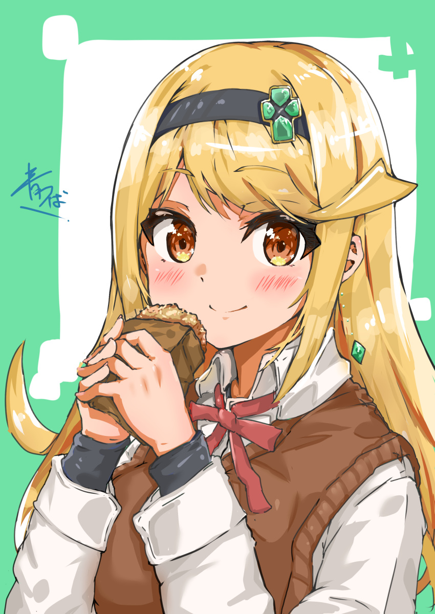 absurdres alternate_costume aotsuba blonde_hair blush brown_vest casual collared_shirt contemporary croquette earrings female food green_background hairband highres jewelry long_hair looking_at_viewer mythra_(xenoblade) neck_ribbon no_gloves red_ribbon ribbon shirt smile solo swept_bangs upper_body vest white_background white_shirt xenoblade_chronicles_(series) xenoblade_chronicles_2 yellow_eyes