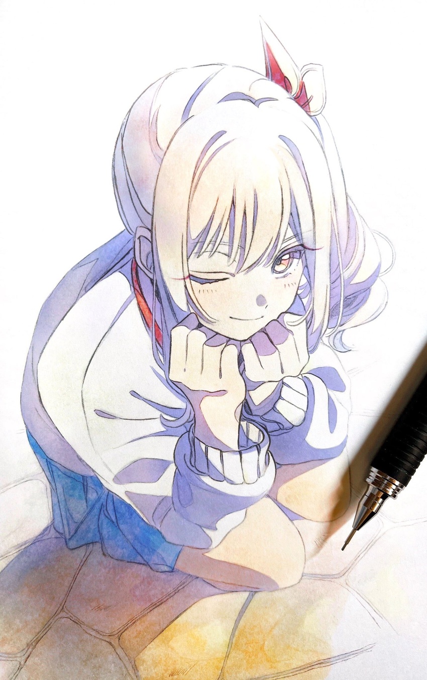 1other ;) akiyama_mizuki arm_support art_tools_in_frame backlighting blue_skirt bow cardigan clenched_hands colored_eyelashes colored_pencil_(medium) dot_nose drill_hair elbow_on_knee eyelashes from_above graphite_(medium) hair_between_eyes hairbow head_rest highres kamiyama_high_school_uniform_(project_sekai) light_blush long_eyelashes long_sleeves looking_at_viewer looking_up one_eye_closed other_focus pato_(ptro) photo_(medium) pink_hair pleated_skirt project_sekai red_bow school_uniform shadow side_drill sidelocks simple_background skirt smile smirk squatting stone_floor traditional_media white_background white_cardigan