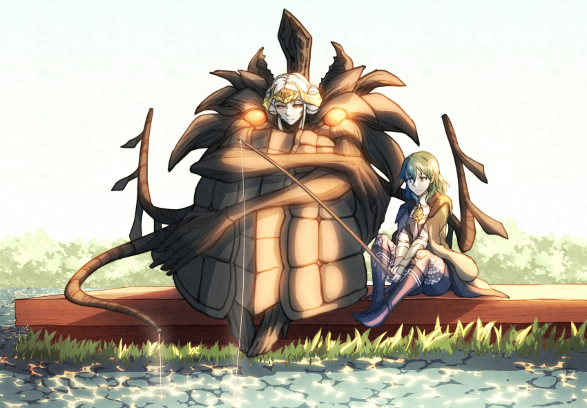 2girls bush byleth_(female)_(fire_emblem) byleth_(fire_emblem) commentary demon_wings dock edelgard_von_hresvelg edelgard_von_hresvelg_(hegemon_husk) english_commentary facial_mark fire_emblem fire_emblem:_three_houses fishing fishing_line fishing_rod grass green_eyes green_hair hair_between_eyes hair_ornament highres holding holding_fishing_rod hugging_own_legs knees_to_chest lake looking_at_object multiple_girls red_eyes ripples sitting smile tail thighhighs usbfan white_hair wings yuri