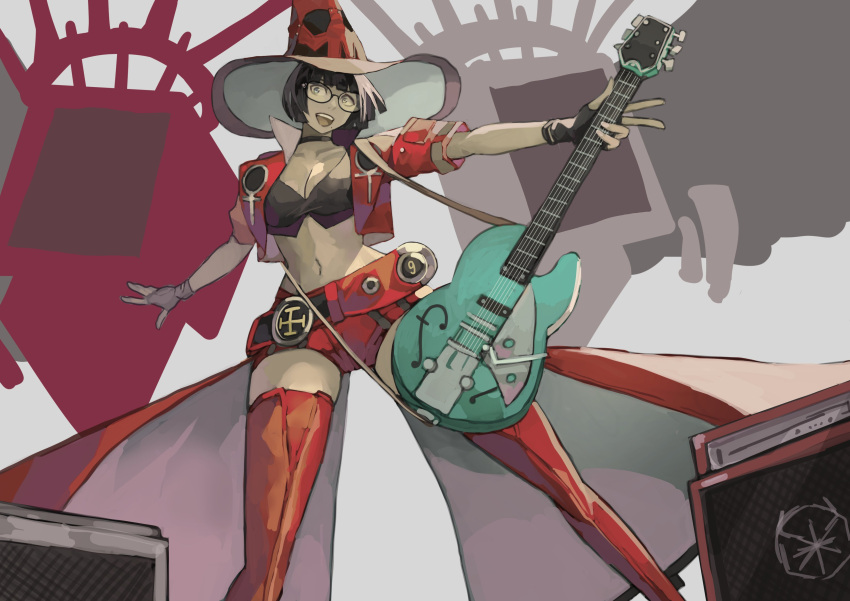 absurdres belt black_hair boots electric_guitar female guilty_gear guilty_gear_strive guitar hat highres i-no instrument jacket midriff mole mole_under_mouth red_footwear red_jacket red_legwear short_hair solo subakeye sunglasses thigh_boots venus_symbol very_short_hair witch_hat