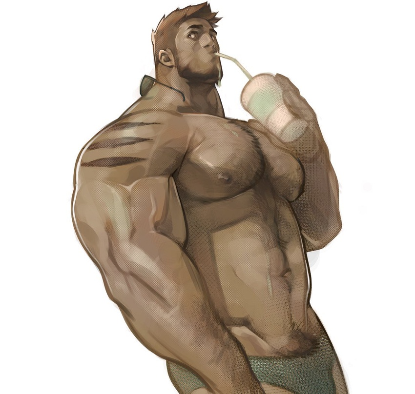 1boy abs arm_hair bara beard body_hair brown_eyes brown_hair bulge cayden_(dizdoodz) chest_hair cowboy_shot cup dizdoodz drinking drinking_straw facial_hair foreskin from_side green_male_underwear hairy large_pectorals male_focus male_pubic_hair male_underwear mature_male muscular muscular_male navel navel_hair nipples original pectorals pubic_hair short_hair shoulder_tattoo solo stomach tattoo topless_male underwear underwear_only unworn_eyewear veins white_background