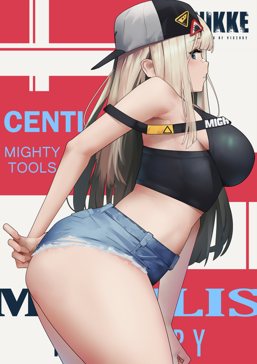 absurdres ass bare_shoulders black_shirt black_tank_top blonde_hair blue_eyes blush breasts centi_(nikke) centi_(supreme_holiday)_(nikke) character_name denim denim_shorts female gloomyowl goddess_of_victory:_nikke hat highres long_hair looking_at_viewer midriff off_shoulder pants shirt short_shorts shorts solo standing tank_top tight_clothes tight_pants