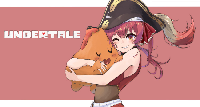 absurdres commentary_request female grin hat highres hololive houshou_marine houshou_marine_(1st_costume) hug long_hair midoku_(itijikusakura) one_eye_closed orange_eyes pirate_hat red_hair sleeveless smile solo twintails undertale upper_body virtual_youtuber vulkin