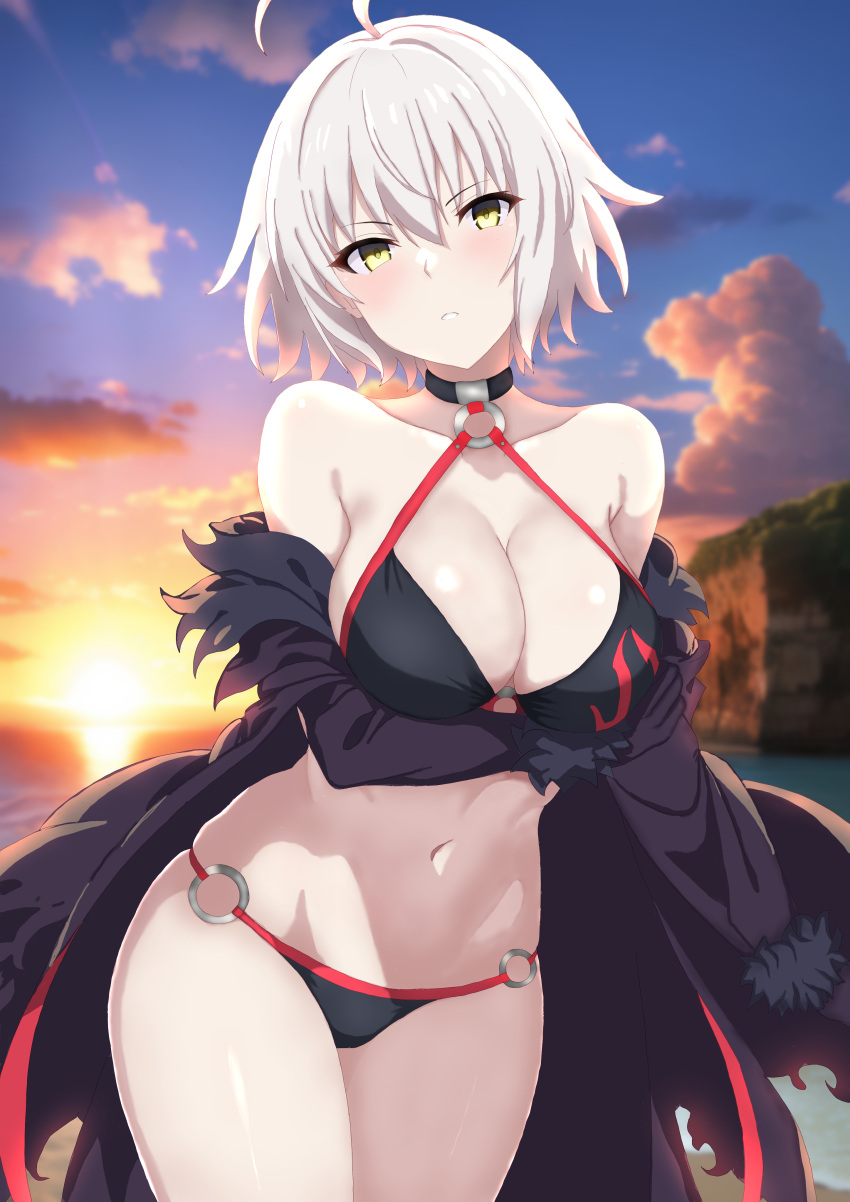 absurdres ahoge alternate_hairstyle beach bikini black_bikini black_jacket blush breasts cleavage cloud commentary_request curio_(curiofinity) fate/grand_order fate_(series) female hair_between_eyes highres jacket jeanne_d'arc_alter_(fate) jeanne_d'arc_alter_(swimsuit_berserker)_(fate) large_breasts looking_at_viewer navel o-ring o-ring_bikini off_shoulder outdoors short_hair sky solo stomach sunset swimsuit thighs water white_hair yellow_eyes