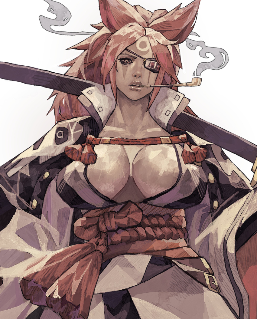 absurdres baiken breasts carrying_over_shoulder eyepatch facial_mark female guilty_gear guilty_gear_xrd highres japanese_clothes kimono long_hair looking_at_viewer over_shoulder pink_hair ponytail samurai smoking smoking_pipe subakeye weapon weapon_over_shoulder