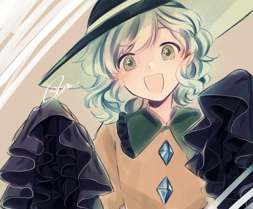 black_hat brown_background female green_eyes green_hair hands_up hat komeiji_koishi looking_at_viewer medium_hair open_mouth shirt signature sleeves_past_fingers sleeves_past_wrists smile solo souta_(karasu_no_ouchi) symbol_in_eye touhou upper_body yellow_shirt