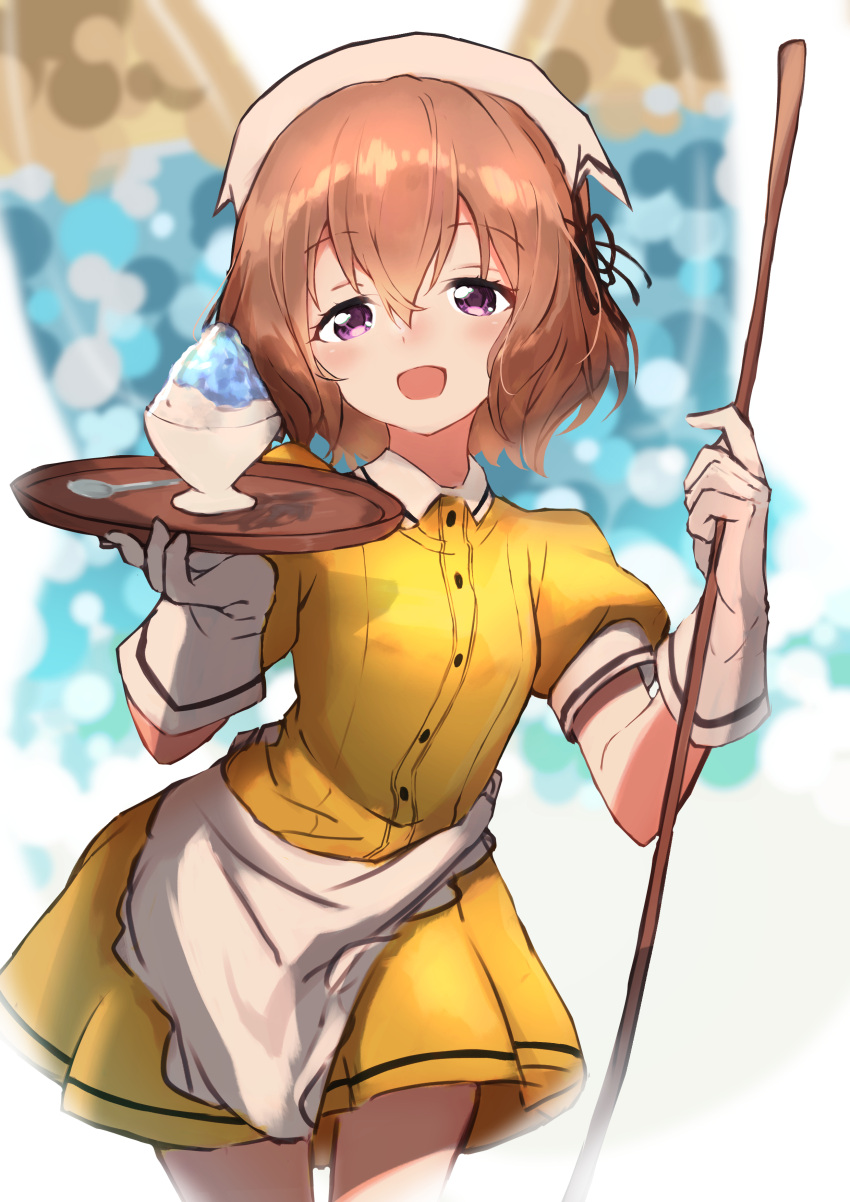 :d absurdres apron black_ribbon blend_s blurry blurry_background blush bob_cut bowl brown_hair commentary female food gloves hair_between_eyes hair_ribbon head_scarf highres hoshikawa_mafuyu kootee-on looking_at_viewer loose_hair_strand open_mouth purple_eyes ribbon serving shaved_ice short_hair smile solo spoon stile_uniform tray waist_apron waitress walking wavy_hair white_gloves