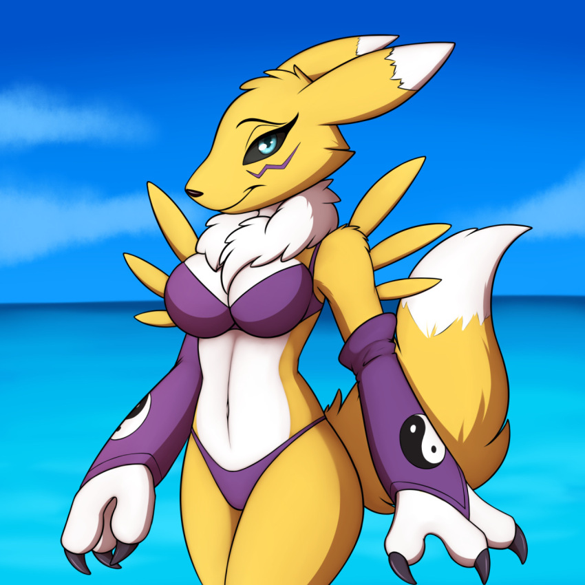 1:1 2022 3_fingers after_transformation anthro bandai_namco bikini black_nose black_sclera blue_eyes breasts canid clothing cloud countershading day digimon digimon_(species) digital_media_(artwork) female fingers hi_res looking_at_viewer mammal outside purple_bikini_bottom purple_bikini_top renamon smile solo swimwear tail tomek1000 water white_body white_countershading