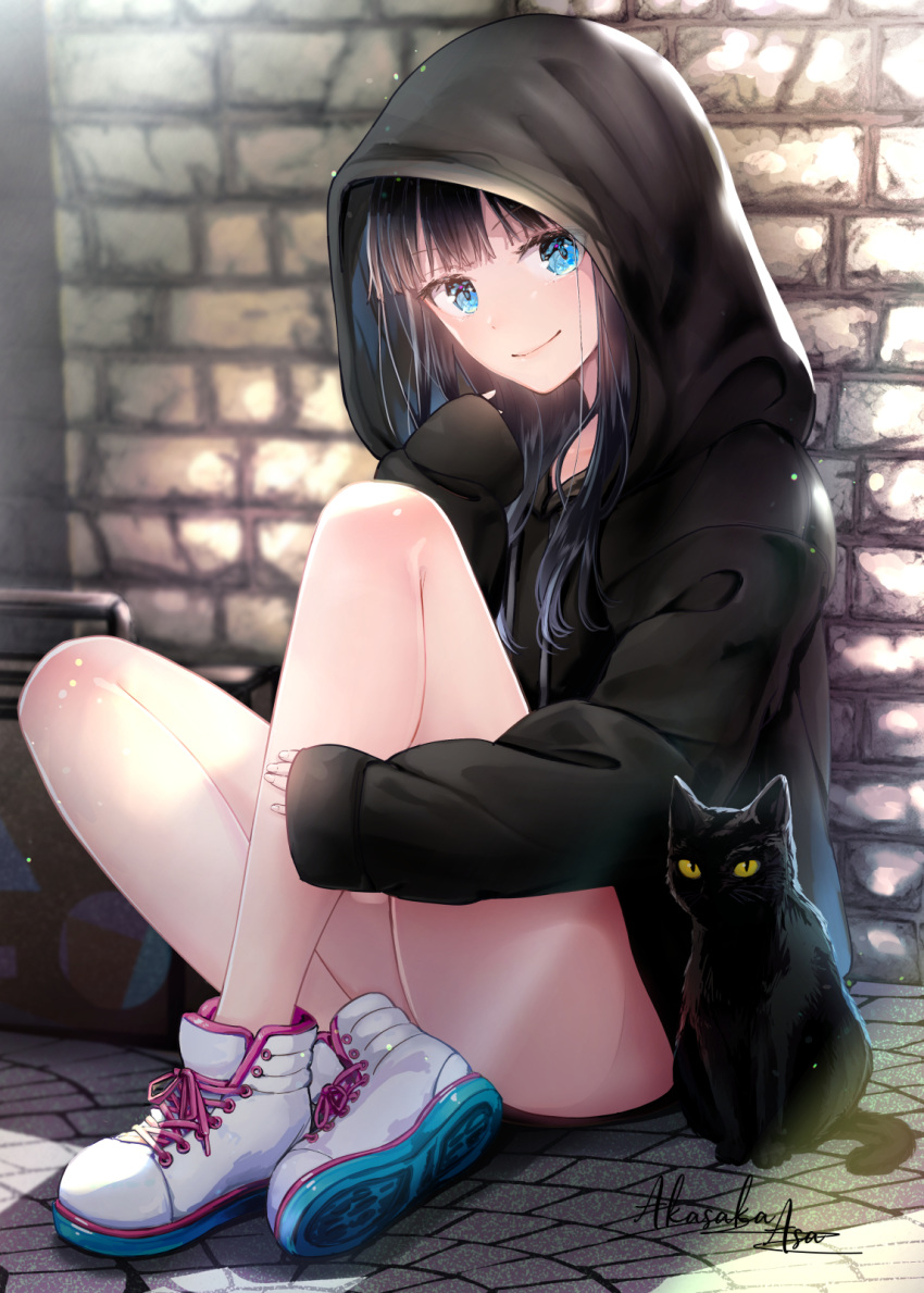 akasaka_asa animal bare_legs black_cat black_hair black_hoodie blue_eyes blush closed_mouth commentary_request day feline female full_body highres hood hood_up hoodie knees_up long_hair long_sleeves looking_at_viewer on_floor original outdoors shoes signature sitting sleeves_past_wrists smile sneakers solo stone_floor stone_wall suitcase wall white_footwear