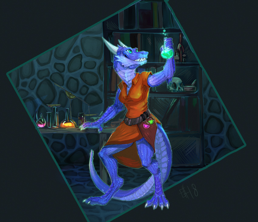 2018 4_toes absurd_res alchemist anthro armor blue_body blue_eyes blue_scales claws feet female glowing grin hi_res hiccupby holding_glass holding_object kobold laboratory leather leather_armor loskra scales sharp_teeth shimmering_spectrum smile solo teeth toes white_claws