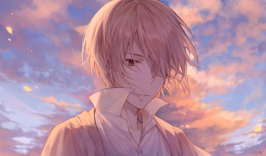 1boy ayuanlv blue_sky brown_eyes brown_hair brown_jacket cloud cloudy_sky collared_shirt commentary dress_shirt hair_over_one_eye highres jacket male_focus open_clothes open_jacket outdoors parted_lips shirt sky solo sunset upper_body white_shirt william_james_moriarty yuukoku_no_moriarty