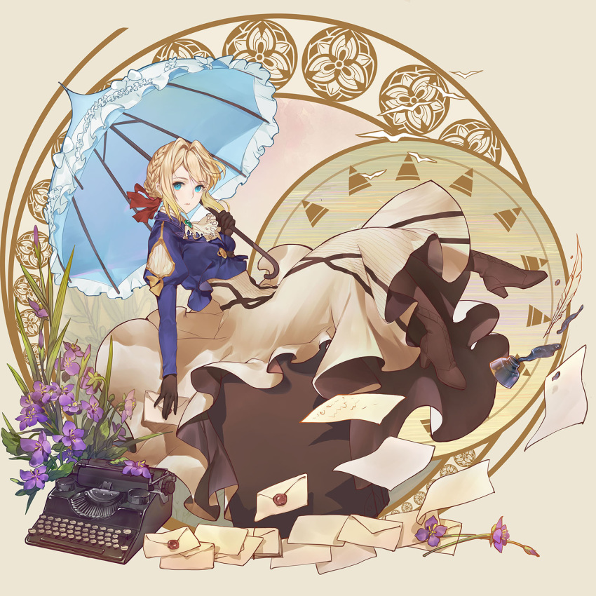 art_nouveau ascot beige_background blonde_hair blue_eyes blue_jacket blue_umbrella boots braid brooch brown_footwear brown_gloves bud chinese_commentary closed_mouth commentary_request dress envelope feathers female flower flying_paper from_side full_body gloves hair_between_eyes hair_intakes hair_ribbon high_heels highres holding holding_envelope holding_letter holding_umbrella ink inkwell iris_(flower) jacket jewelry letter long_dress long_hair long_sleeves looking_at_viewer orry paper parasol puffy_long_sleeves puffy_sleeves purple_flower quill red_ribbon ribbon simple_background solo typewriter umbrella violet_(flower) violet_evergarden violet_evergarden_(series) wax_seal white_ascot white_dress