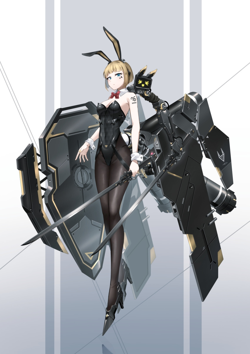 animal_ears arm_tattoo black_footwear black_leotard black_pantyhose blue_eyes blunt_bangs breasts cleavage covered_navel detached_collar fake_animal_ears female full_body high_heels highres holding holding_sword holding_weapon katana leotard long_legs mecha_musume medium_breasts morros original pantyhose playboy_bunny rabbit_ears science_fiction short_hair solo sword tattoo weapon