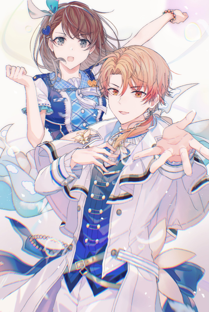 1boy absurdres bad_id bad_twitter_id blonde_hair blue_eyes blue_vest brown_hair capelet chromatic_aberration clenched_hand commentary_request female formal hair_ornament hair_over_shoulder hairclip hanasato_minori hand_on_own_chest heart heart_hair_ornament highres idol kokokara_re:start!_(project_sekai) low_ponytail midriff official_alternate_costume official_alternate_hair_length official_alternate_hairstyle open_mouth ponytail project_sekai scramble_fan_festa!_(project_sekai) short_sleeves suit tenma_tsukasa vest ye_(pixiv4862539) yellow_eyes