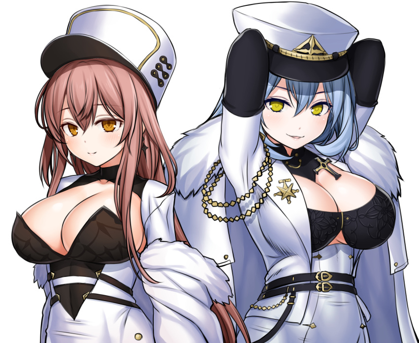 2girls arkhangelsk_(azur_lane) arms_behind_head arms_up asamura_hiori azur_lane breasts brown_hair cleavage coat coat_dress collarbone elbow_gloves fur-trimmed_coat fur_hat fur_trim gloves grey_hair hat highres large_breasts long_hair looking_at_viewer multiple_girls papakha red_eyes smile upper_body volga_(azur_lane) white_coat yellow_eyes