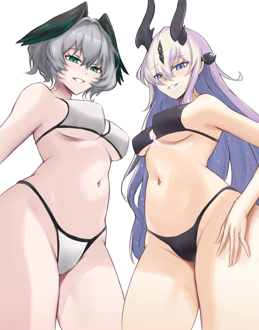 2girls arknights bikini black_bikini blush breasts cowboy_shot dragon_horns eblana_(arknights) fangs_(fangs_art) green_eyes groin hair_between_eyes head_wings highres ho'olheyak_(arknights) horns long_hair looking_at_viewer medium_breasts multiple_girls navel purple_eyes purple_hair short_hair simple_background smile swimsuit thighs white_background wings