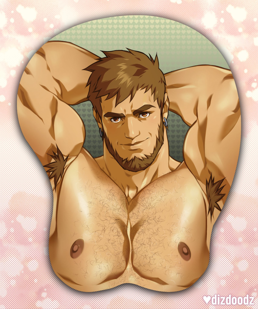 1boy armpit_hair armpits arms_behind_head bara beard body_hair breast_mousepad brown_eyes cayden_(dizdoodz) chest_hair dizdoodz earrings facial_hair highres jewelry large_pectorals light_brown_hair looking_at_viewer male_focus mature_male mousepad_(medium) muscular muscular_male nipples original pectorals seductive_smile short_hair simple_background smile solo thick_eyebrows