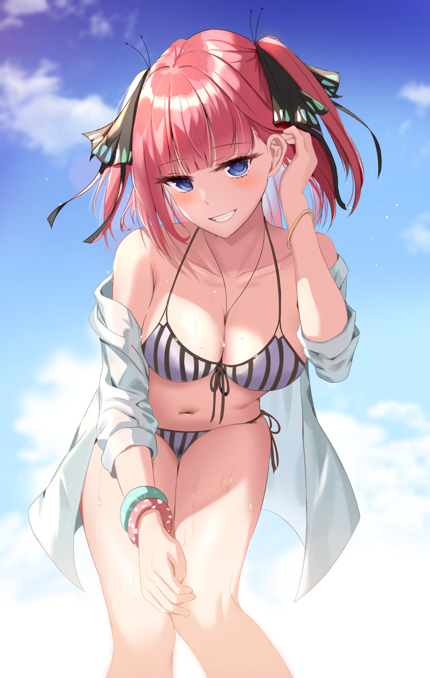 absurdres bikini black_ribbon blue_eyes blue_sky blunt_bangs blush bob_cut breasts butterfly_hair_ornament cleavage cloud cloudy_sky collarbone commentary day female front-tie_bikini_top front-tie_top go-toubun_no_hanayome grin hair_ornament hair_ribbon hand_on_own_knee head_tilt highres kukeylove large_breasts leaning_forward looking_at_viewer nakano_nino navel outdoors pink_hair ribbon shirt short_hair sidelocks sky smile solo striped_bikini striped_clothes swimsuit teeth tucking_hair two_side_up vertical-striped_bikini vertical-striped_clothes wet white_shirt